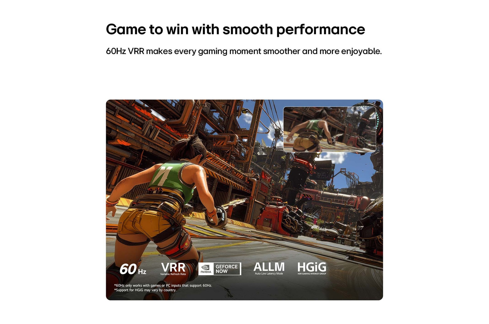 LG QNED AI QNED75 Mini LED for Ultimate Gameplay shows a fast-paced action game scene with a comparison inset highlighting smoother motion, while supporting up to 60Hz, VRR, ALLM, HGiG, and GeForce NOW.